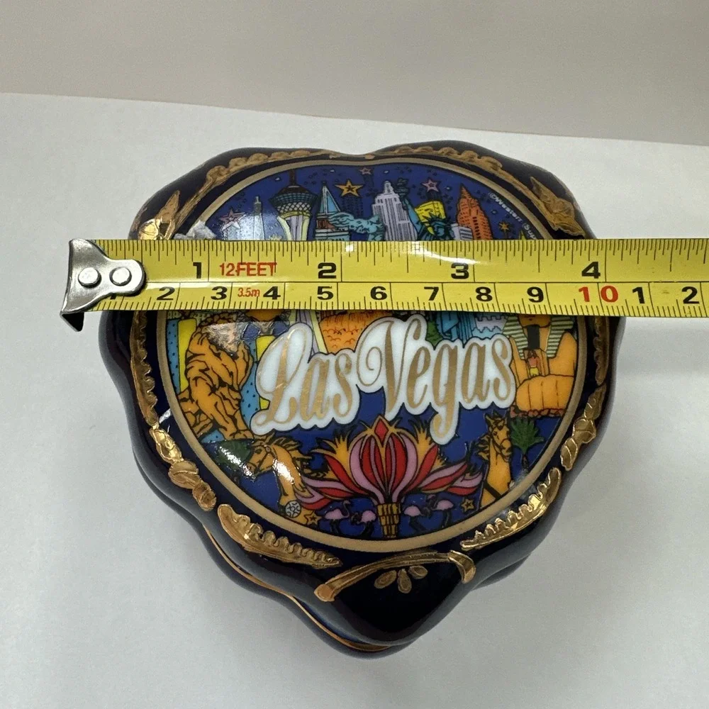 Vintage Las Vegas Ceramic Heart Trinket Box Cobalt Blue Gold Souvenir Jewelry